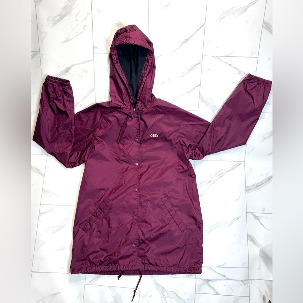 Obey Maroon Hooded Jacket Snap Front Windbreaker Size L